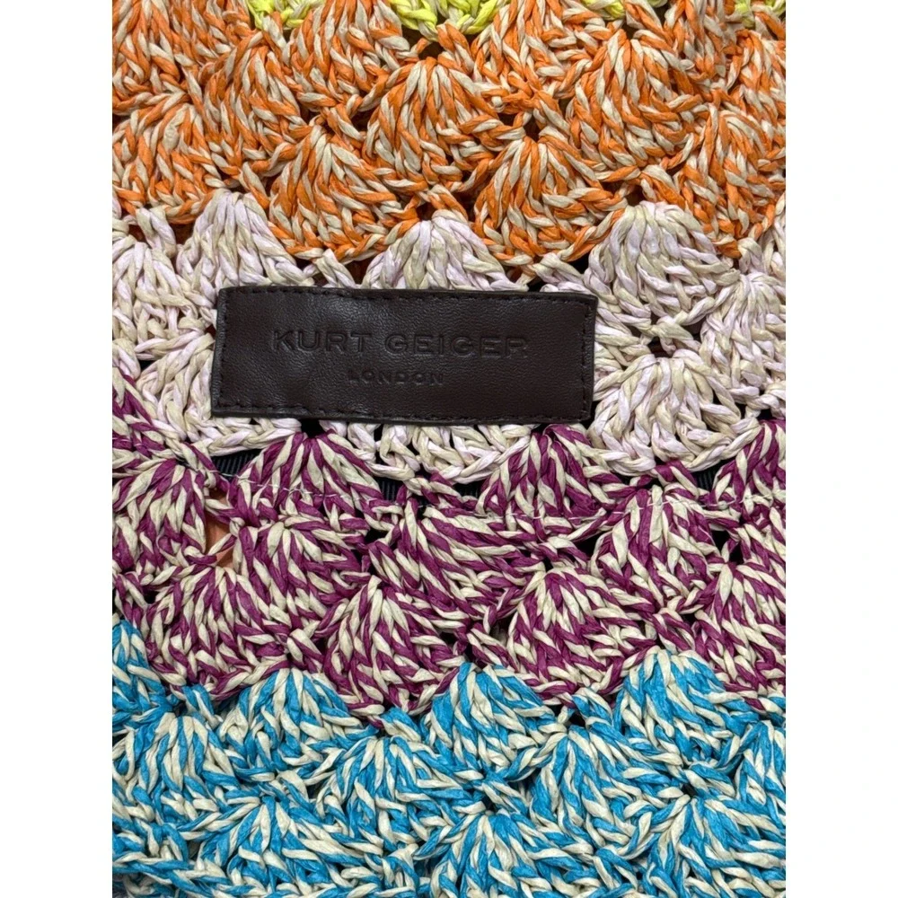 Kurt Geiger London Straw Bucket Hat Multicolor Crochet Scalloped Sun Hat NWT‎